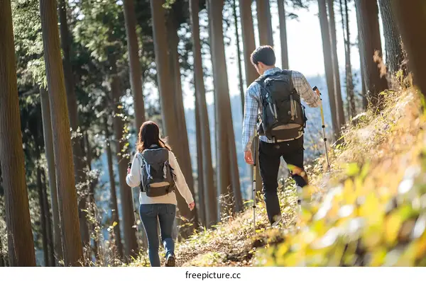 Couple Hiking in Forest Trail with Backpacks and Trekking Poles