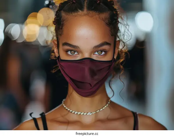 portrait of a young woman wearing a maroon mask