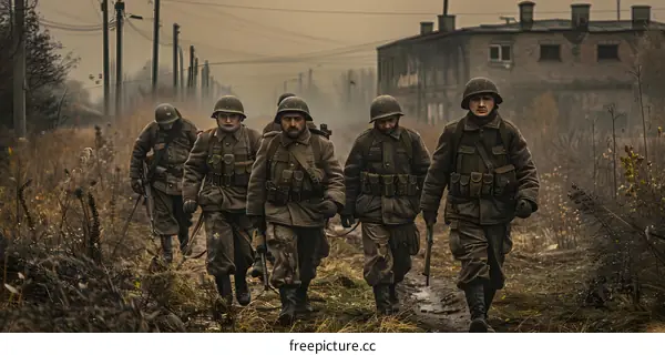 A group of soldiers walking through a war-torn city