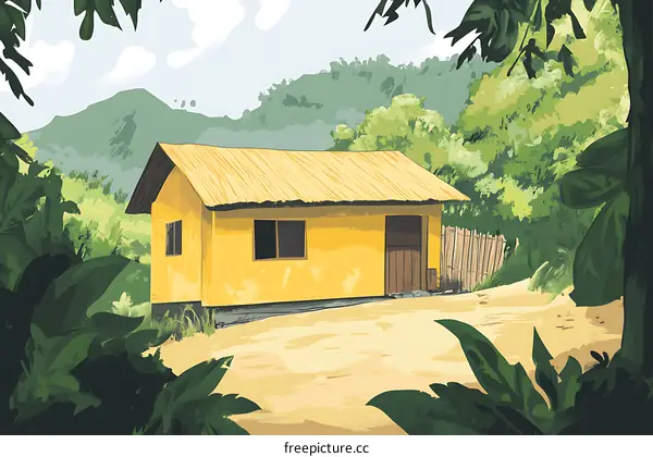 Yellow House With A Straw Roof In Green Foliage