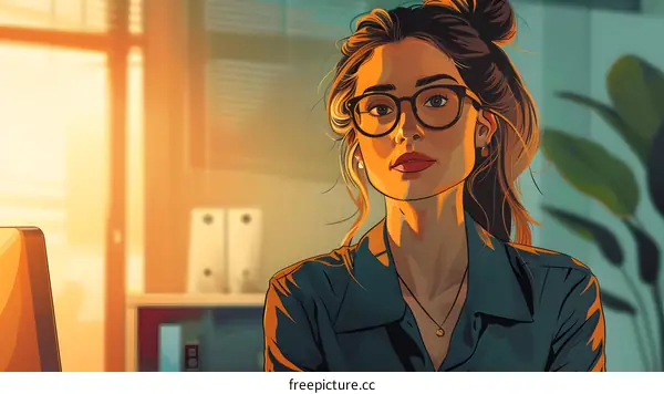 Portrait of a young woman wearing glasses and a blue shirt