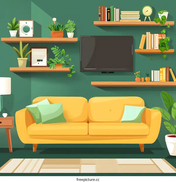 Green Living Room Interior with Yellow Sofa and Shelves