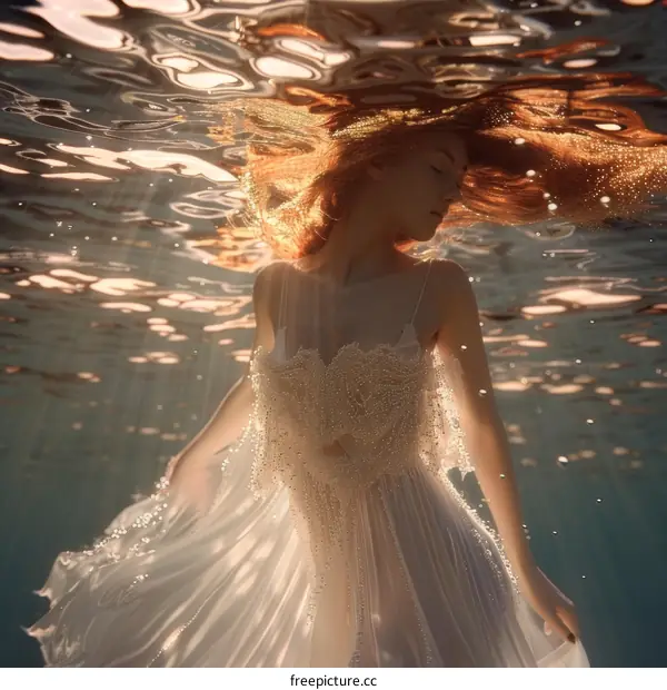 A Woman in a White Dress Posing Underwater