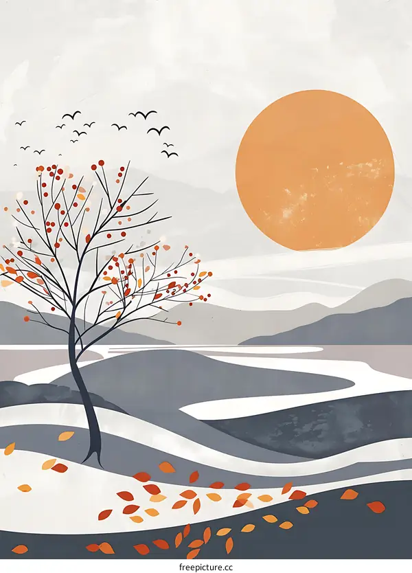 Minimalist Abstract Landscape with Tree and Sun