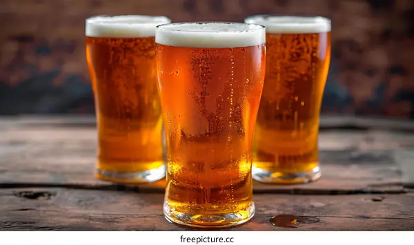 Three Glasses of Beer on a Wooden Table