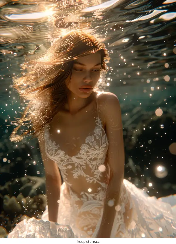 Ethereal Underwater Portrait of a Woman in a White Dress
