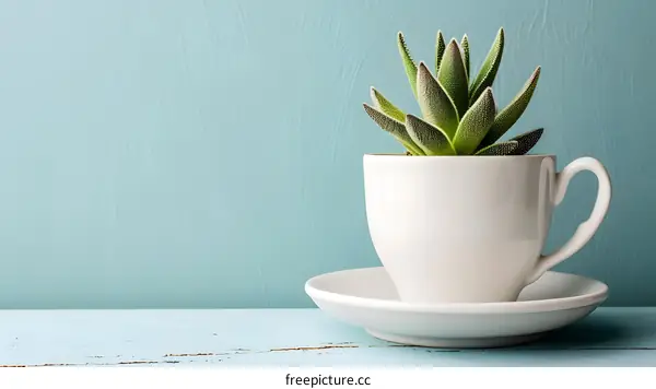 Succulent Plant in White Teacup on Blue Background