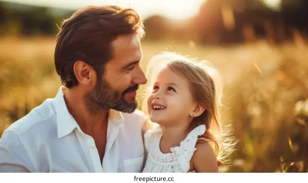 Father and daughter are enjoying the sunset in a wheat field.