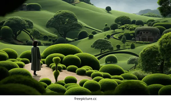 A woman standing in a lush green garden with rolling hills and topiary bushes