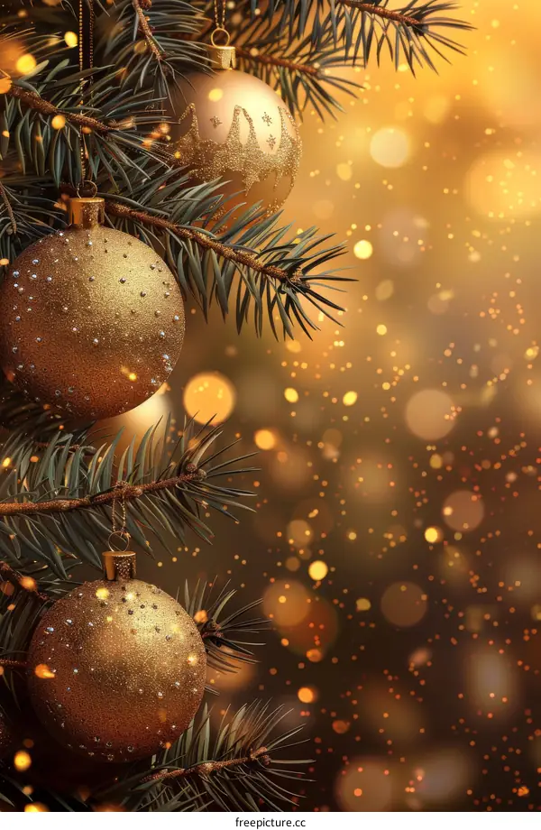 Golden Christmas Tree Decorations with Bokeh Blur