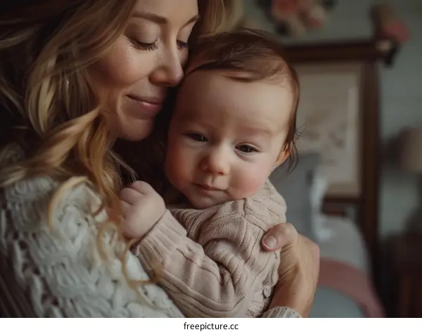 A mother is lovingly embracing her baby