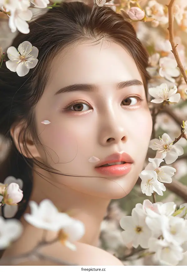 Woman with Cherry Blossoms Close Up