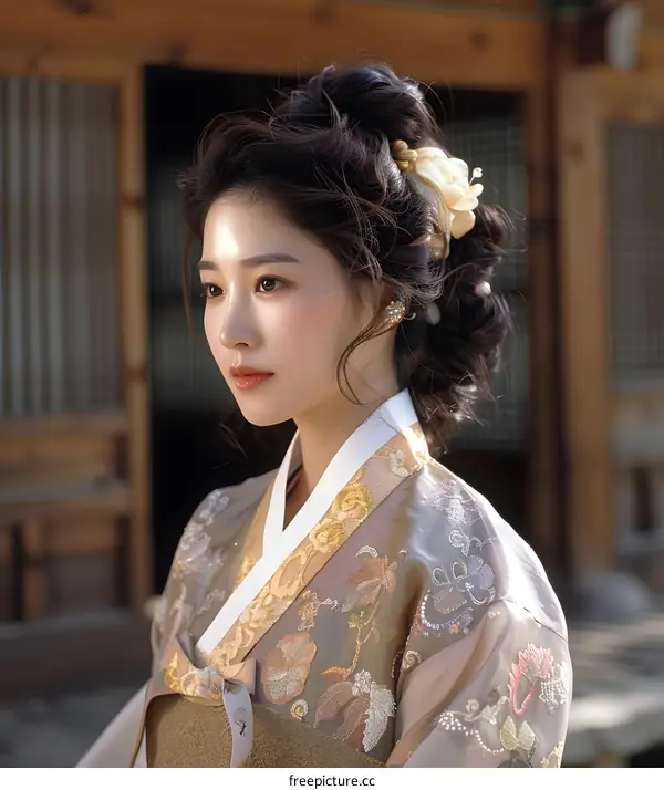 Portrait of a young woman in traditional Korean dress, or Hanbok