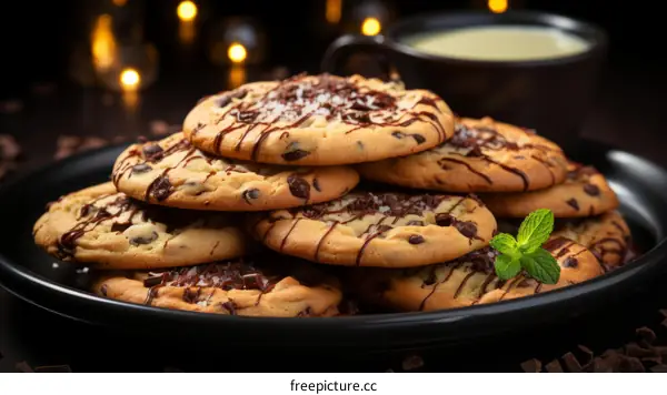A stack of chocolate chip cookies on a black plate with a cup of milk in the background.