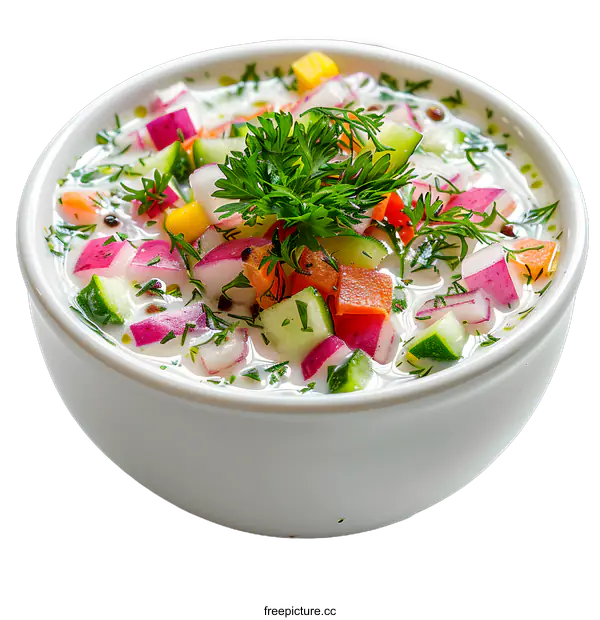 [Transparent Background PNG]A bowl of okroshka, a cold soup made with квас, vegetables, and meat