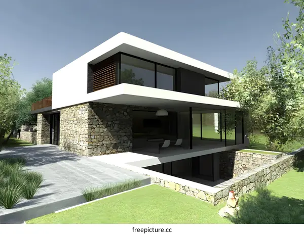 Modern House Design With Stone Wall and Patio
