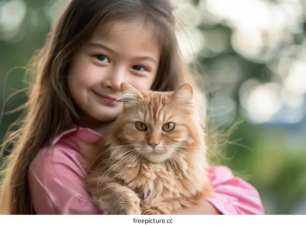 Little girl hugging a ginger cat