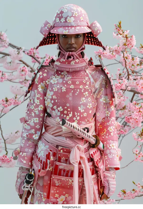 Black female model wearing a pink samurai armor with cherry blossom patterns