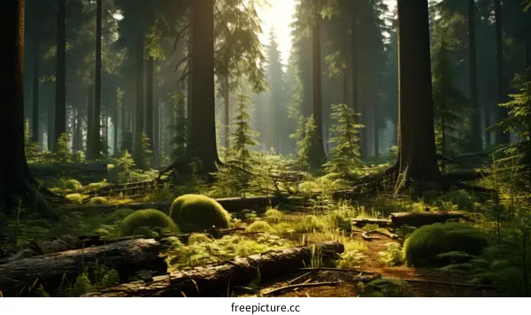 The sun shines through the tall trees in the misty forest