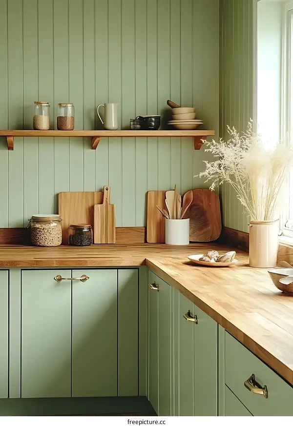 Sage Green Kitchen with Wooden Countertops