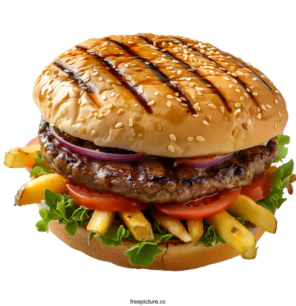 [Transparent Background PNG]A delicious beef burger with french fries
