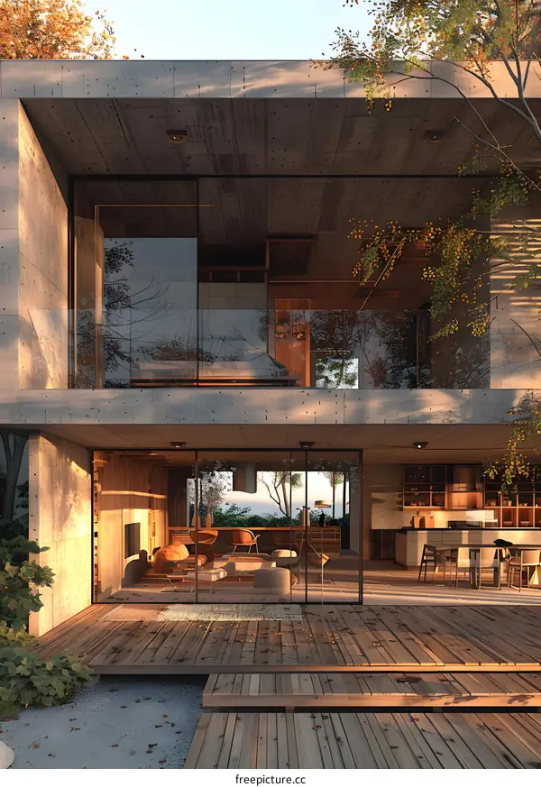 Modern architecture house exterior with large glass windows