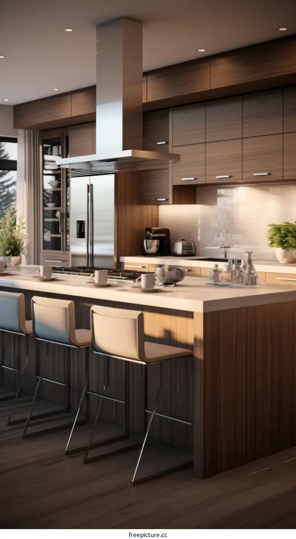 Modern kitchen interior design with wood cabinets and stainless steel appliances