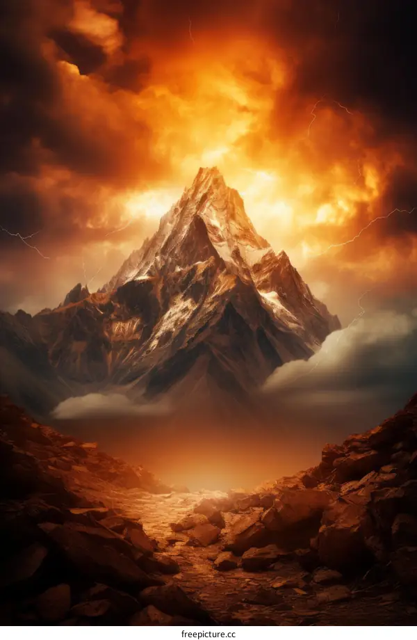 The summit of the mountain is shrouded in clouds and lightning