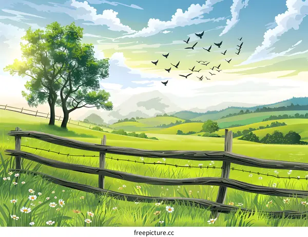 Green Field with Wooden Fence and Birds Flying in the Sky