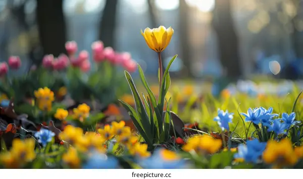 Vibrant Yellow Tulip Close-Up in a Flower Field