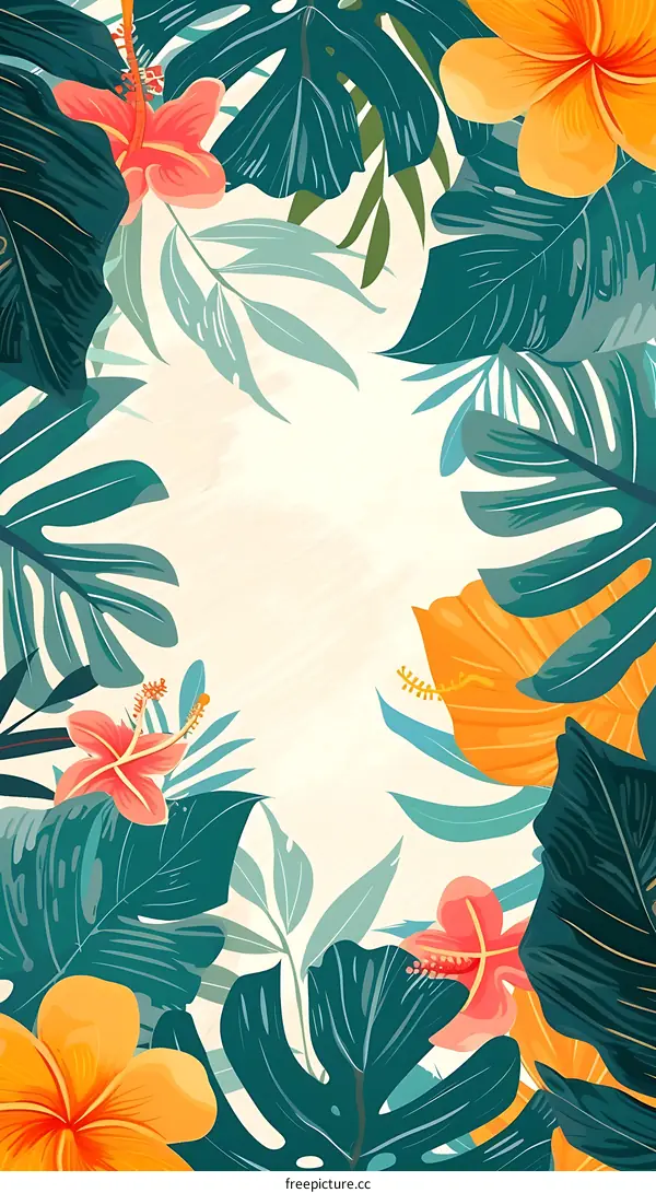 Tropical Leaves and Flowers Background