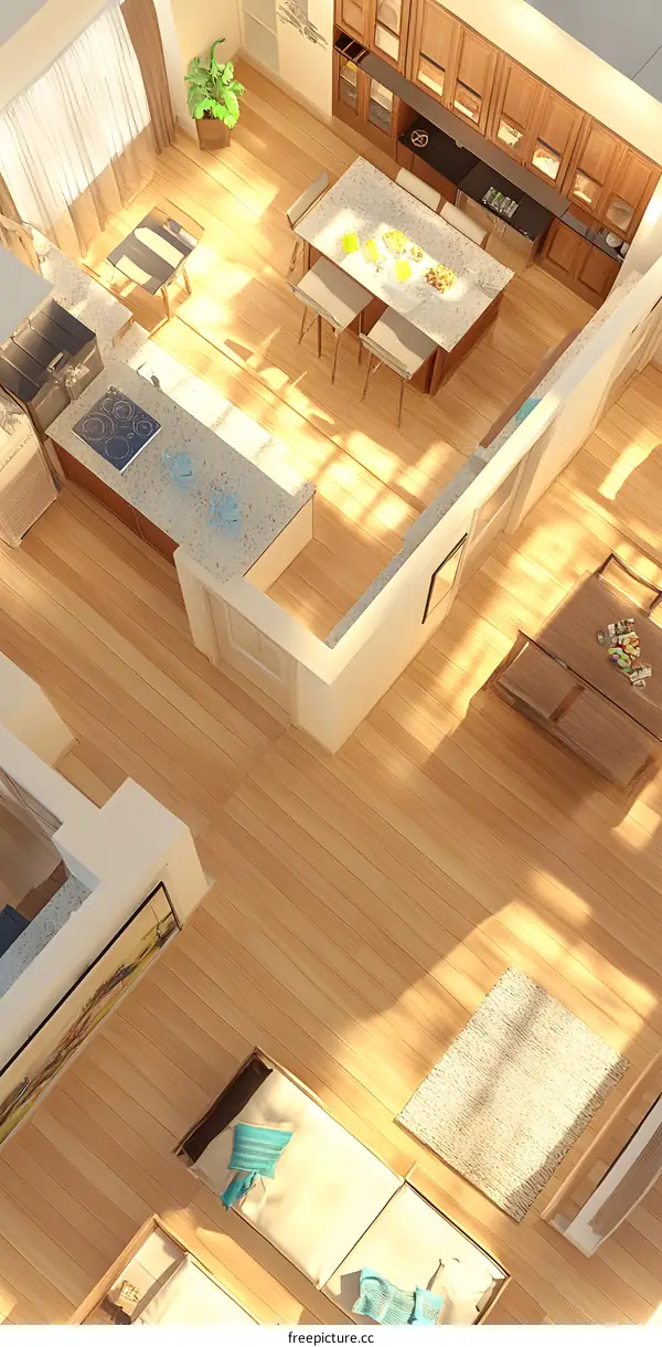 Top View Interior Design of a Modern Home with Wooden Floor and Bright Sunlight