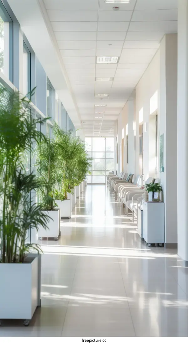 Bright Hospital Corridor with Green Plants and Comfortable Seating