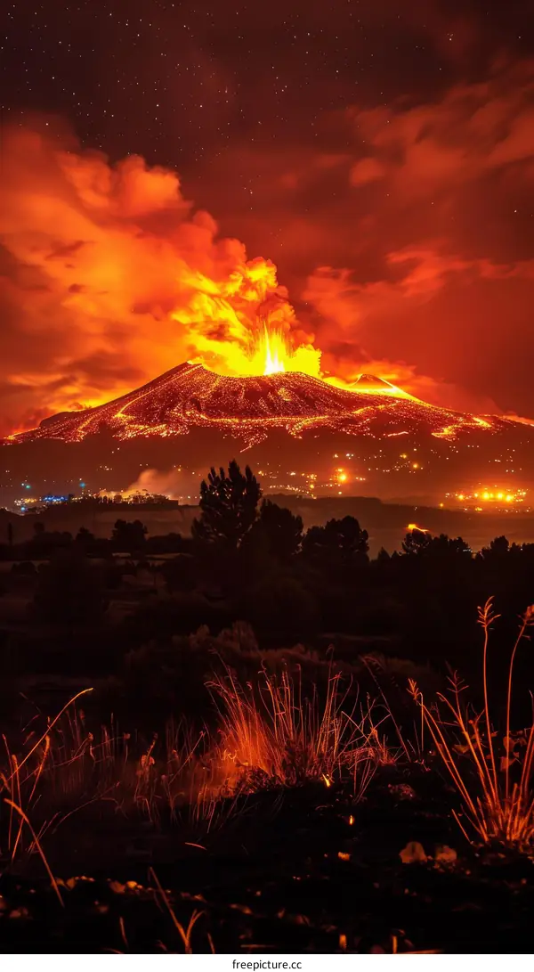 Etna volcano eruption at night in Sicily, Italy