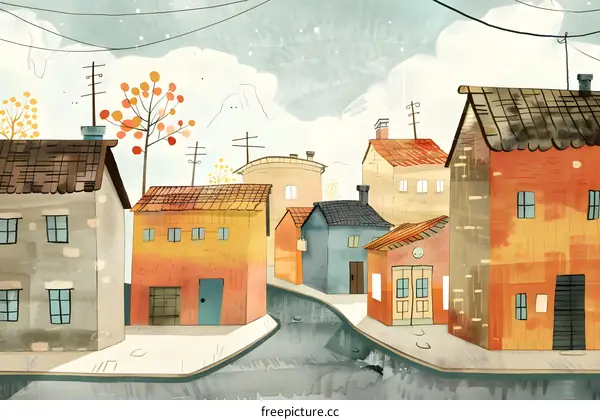 Watercolor Illustration Of Houses In A Row