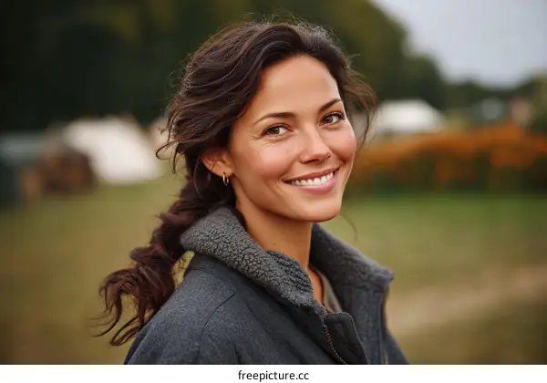 Smiling Woman Outdoors in a Gray Jacket
