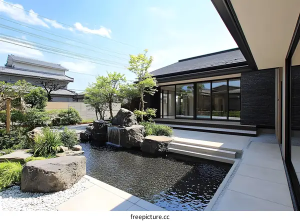 Modern Japanese Garden Design with Waterfall and Pond