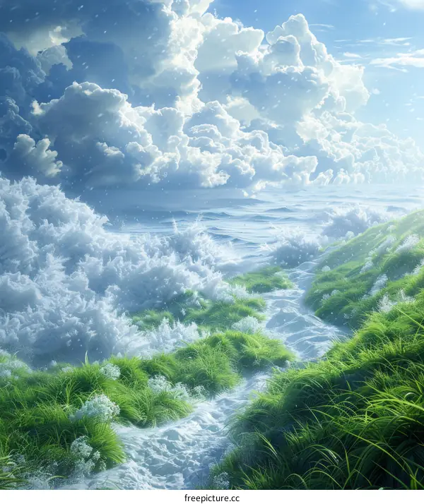 Green Grass and Blue Sky by the Sea