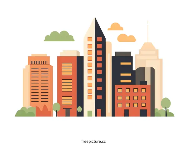 Cityscape Illustration with Buildings and Clouds