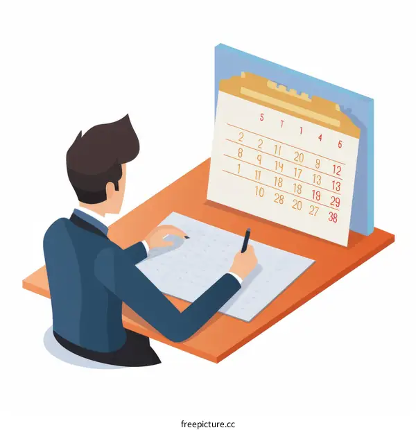 Businessman in suit writing on desk calendar