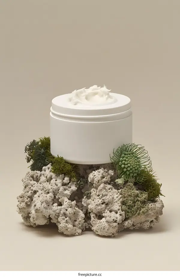 White Cream Jar with Green Moss and Flowers on Rock
