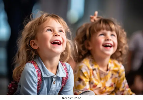 Two little girls watching a puppet show with joy