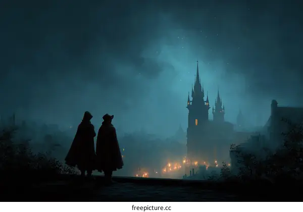 Mysterious Night Cityscape with Two Figures