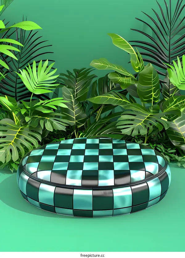 Green Checkered Platform Surrounded by Tropical Leaves