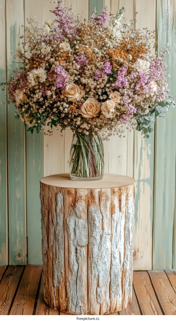 Beautiful Dried Floral Bouquet on a Rustic Wooden Stump
