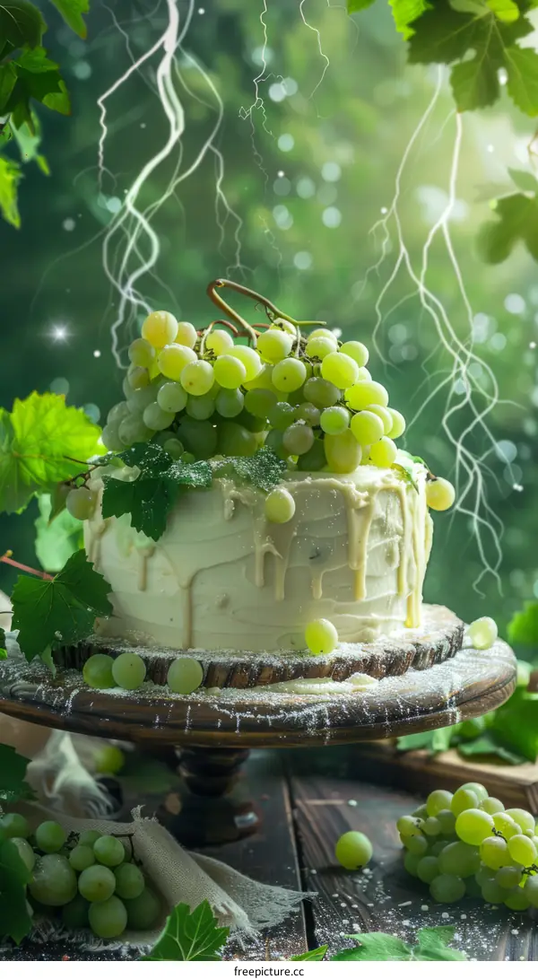 A cake decorated with white icing and green grapes.
