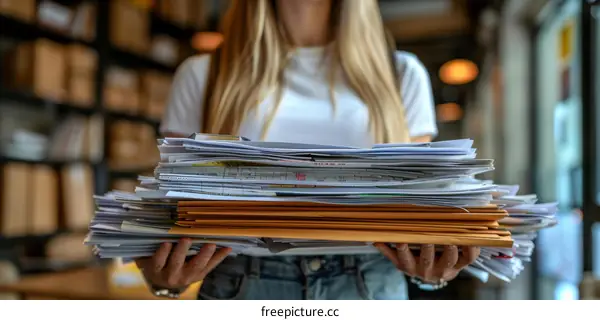 A woman holding a large stack of documents