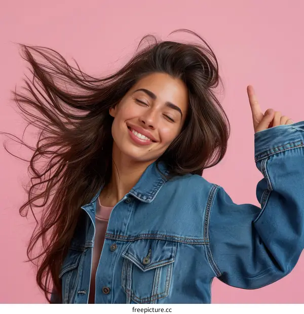 beautiful happy smiling young woman with long brown hair flowing in the air