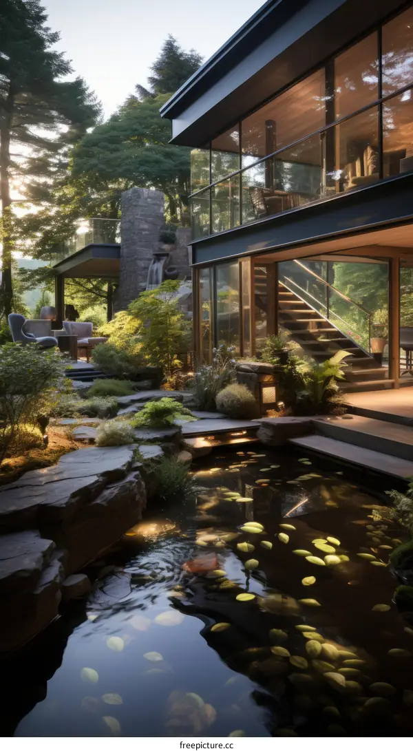A tranquil setting featuring a modern house with a pond