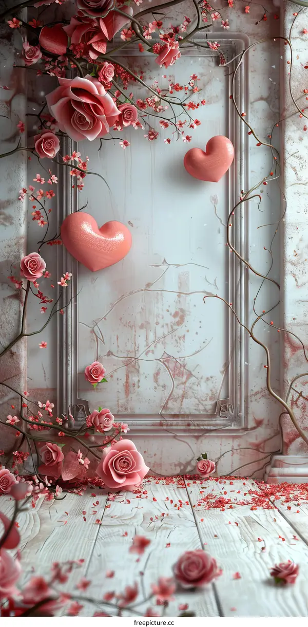 White background with pink roses and hearts